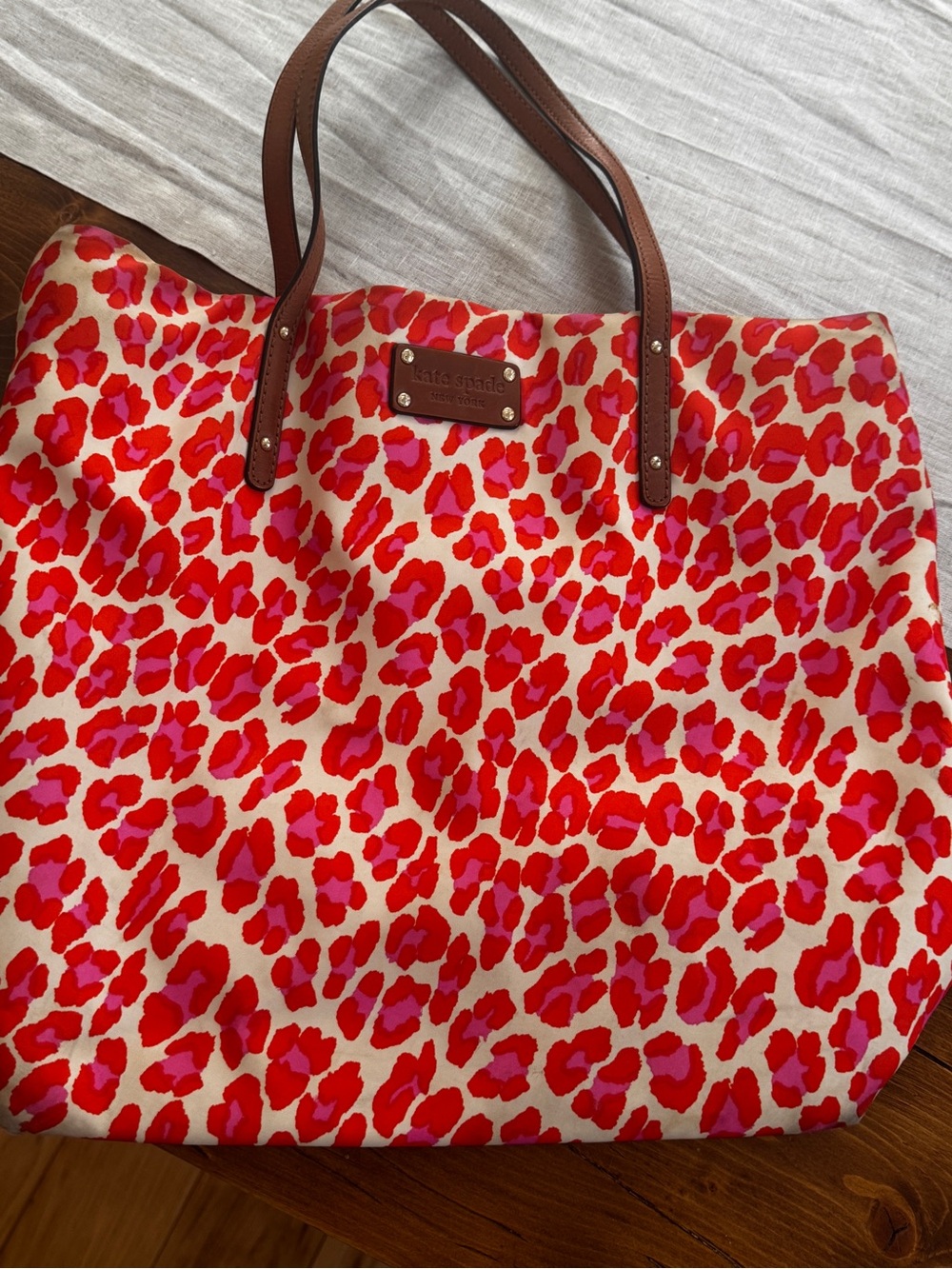 kate spade Red and Pink Leopard Print Tote with Brown Straps